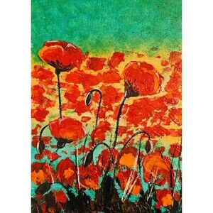 Poppies Original Oil Painting Red Flowers 5x7" Impasto Palette Knife Textured